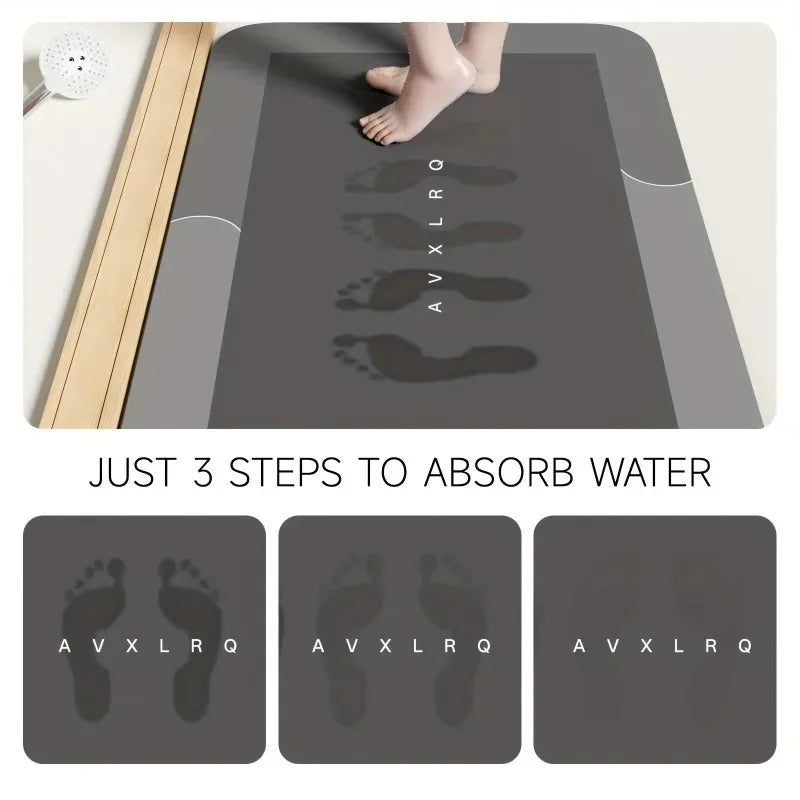 A bath mat showing three steps to absorb water, featuring the letters AVXLRQ on the mat.