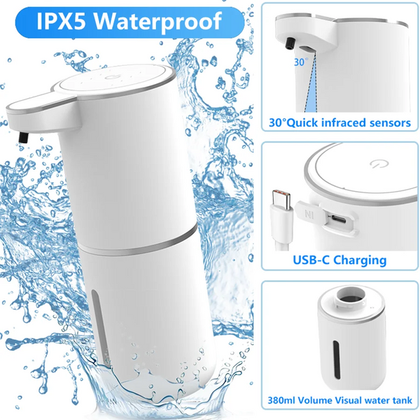 A white touchless automatic soap dispenser with an IPX5 waterproof design, showing features like infrared sensors and USB-C c