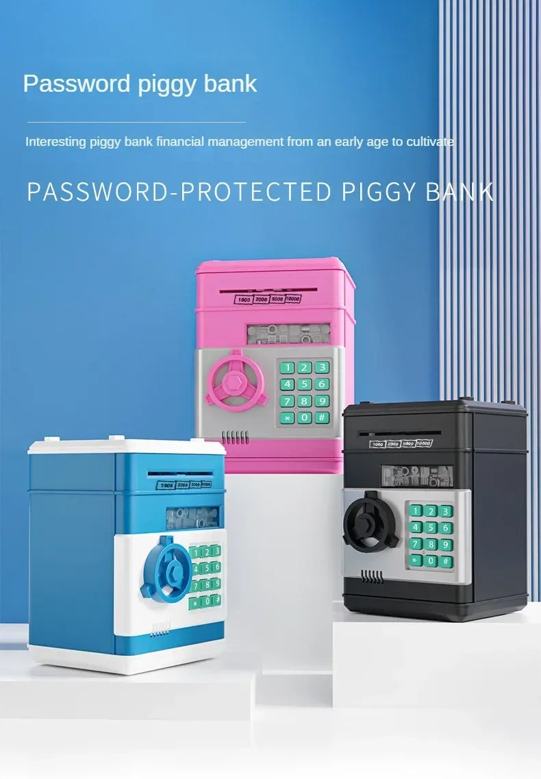 A pink electronic password piggy bank is displayed next to a blue one on a white surface.