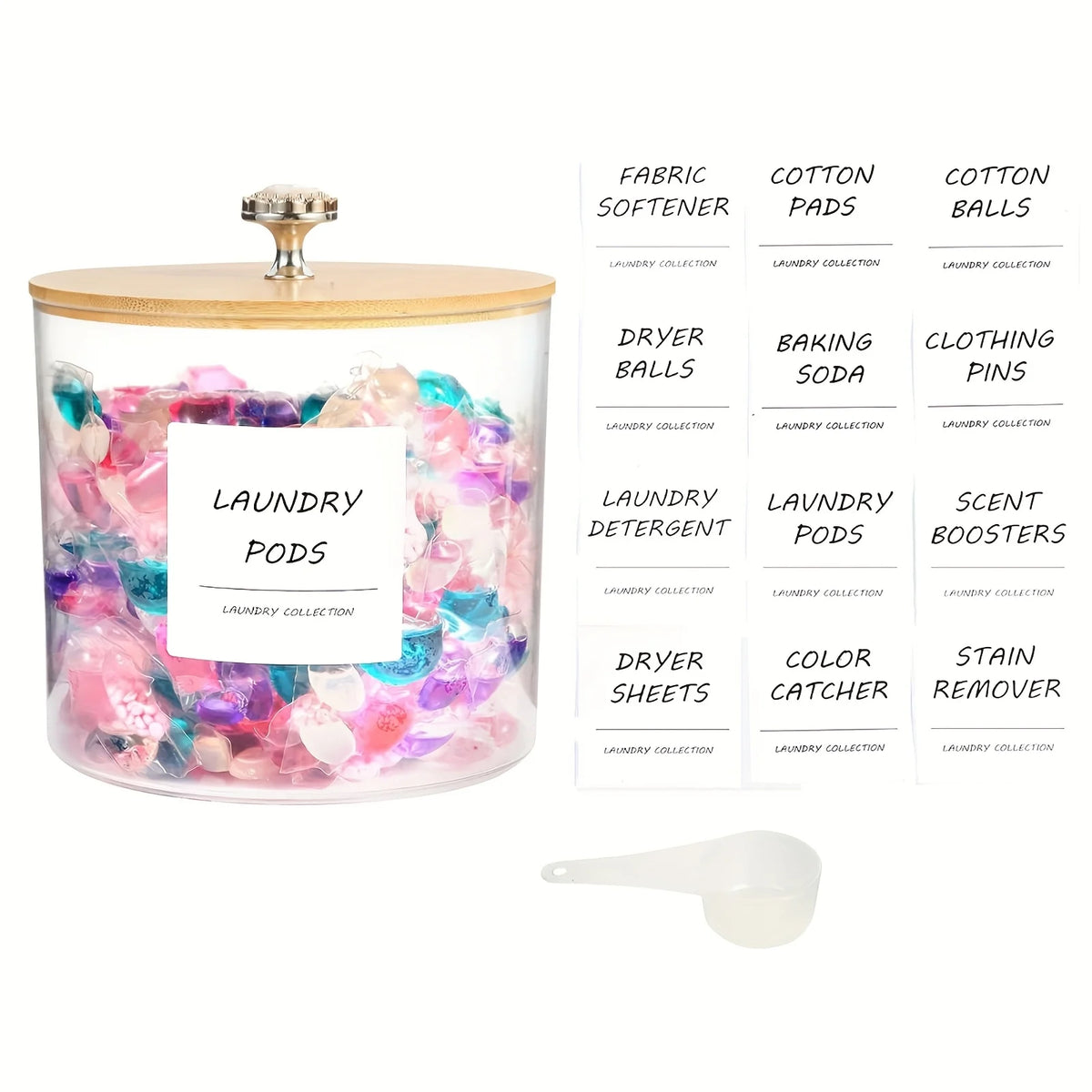 A clear glass container filled with colorful laundry pods and a lid, displayed next to various laundry accessories.