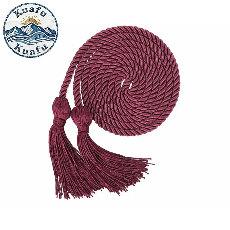 A maroon graduation honor cord with tassel ends coiled and displayed against a white background.