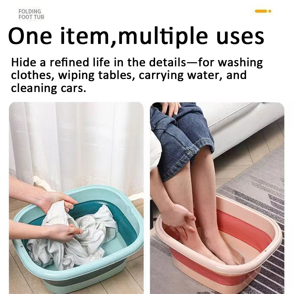 A portable foldable foot bath tub is shown being used for washing clothes and cleaning cars.