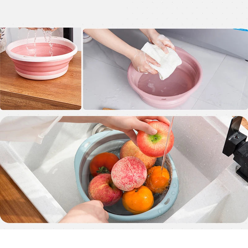Primeros planos de un lavabo rosa de ropa siendo lavado y usado para preparar frutas y verduras.