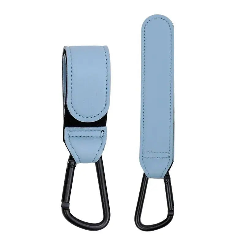 Light blue universal stroller hook carabiner accessory with a black strap.