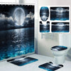 A set of sea surface shower curtain decor featuring a dark blue ocean scene with a bright moon and clouds.