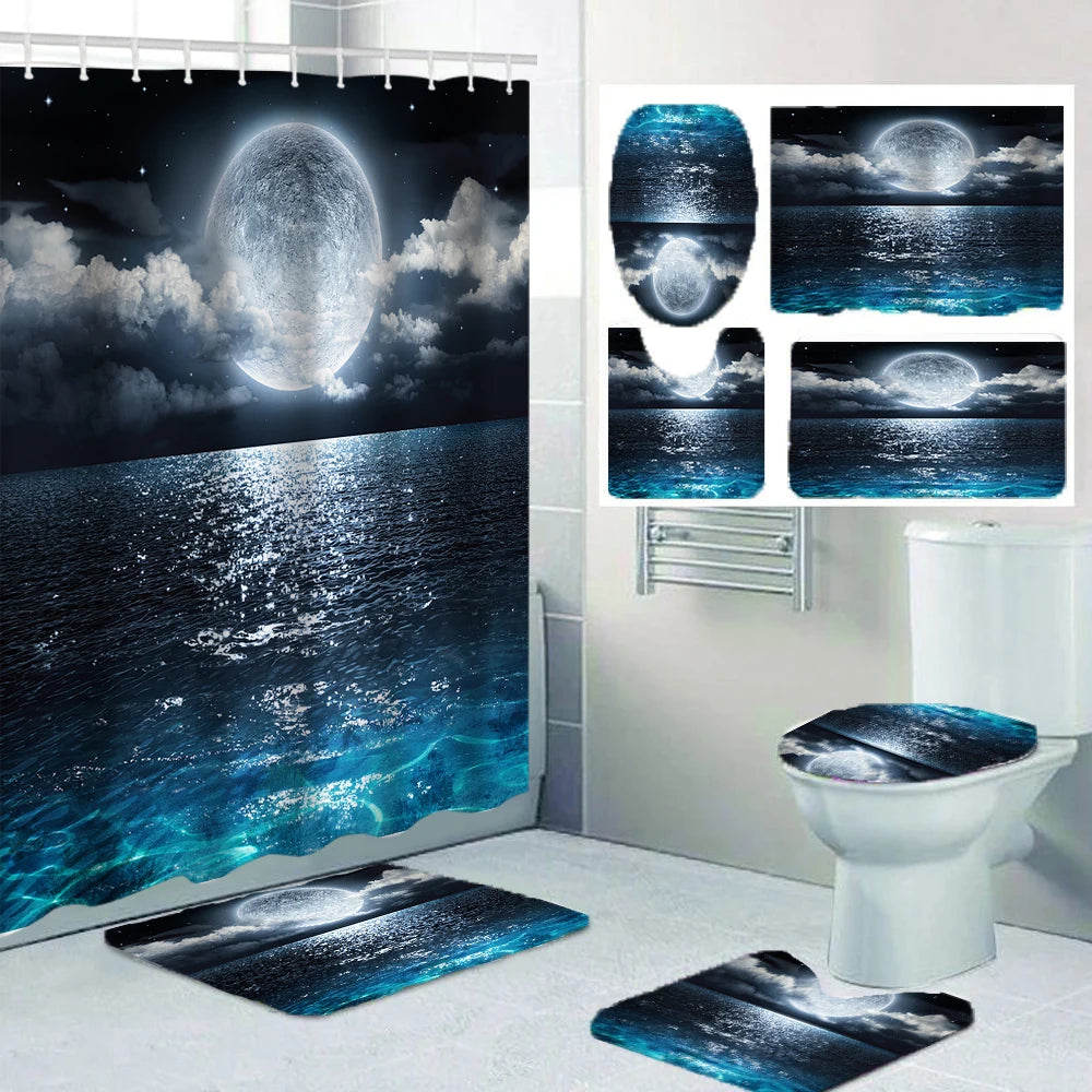 A set of sea surface themed shower curtain decor featuring a dark ocean and a glowing moon in a photographic print.