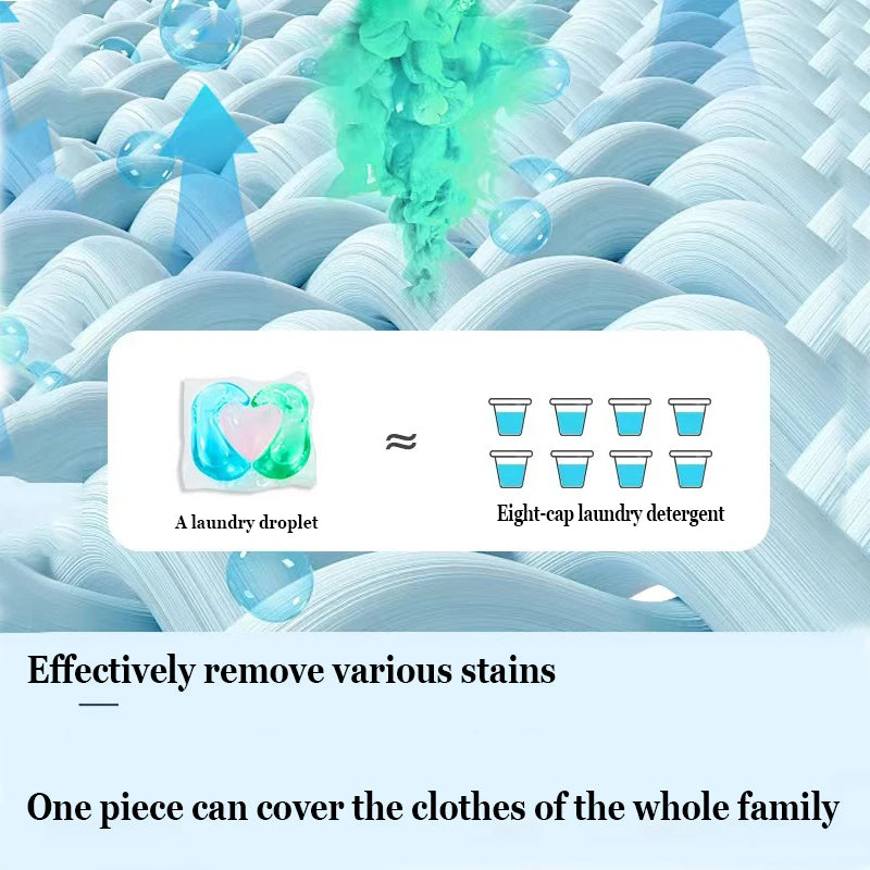 A package of eight-cap laundry detergent and a laundry droplet against a background of wavy blue fabric.
