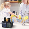 A woman and a child are using a black 3-in-1 kitchen soap dispenser set for dishwashing.