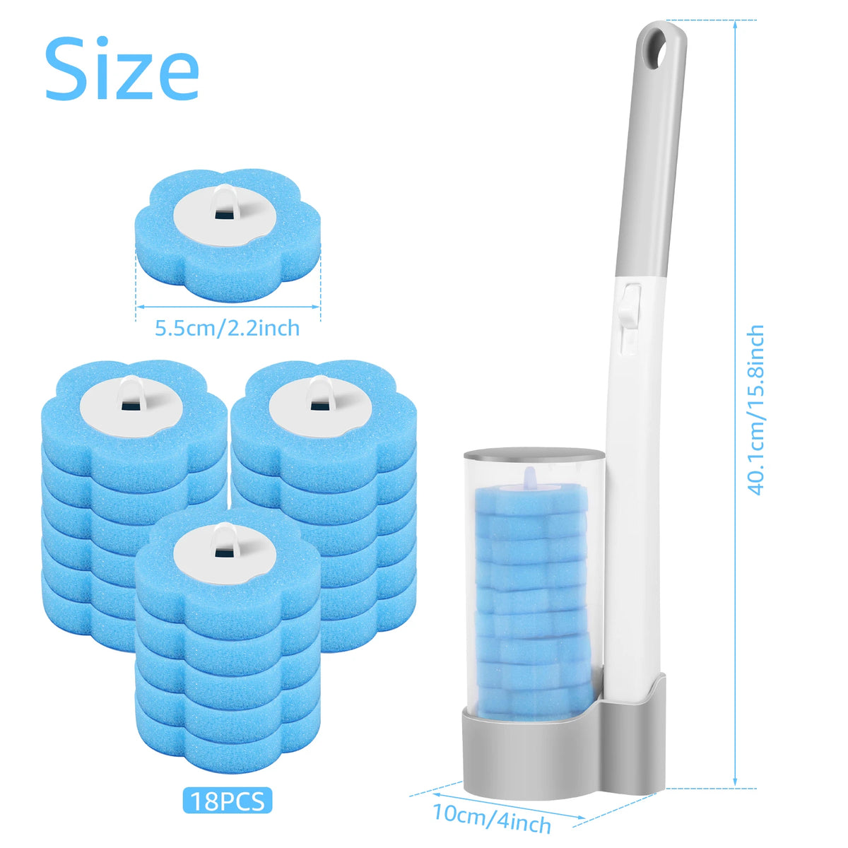 A long-handled disposable toilet brush cleaning kit showing multiple blue silicone brushes and the complete brush with its ho