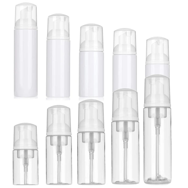 A set of ten clear plastic refillable foam pump bottles for soap and cleansers.