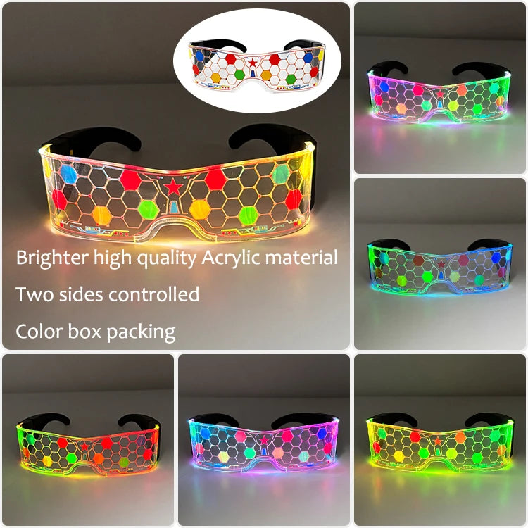 A pair of bright, colorful LED light-up anime glasses with a hexagonal pattern, shown in various colors and packaging.