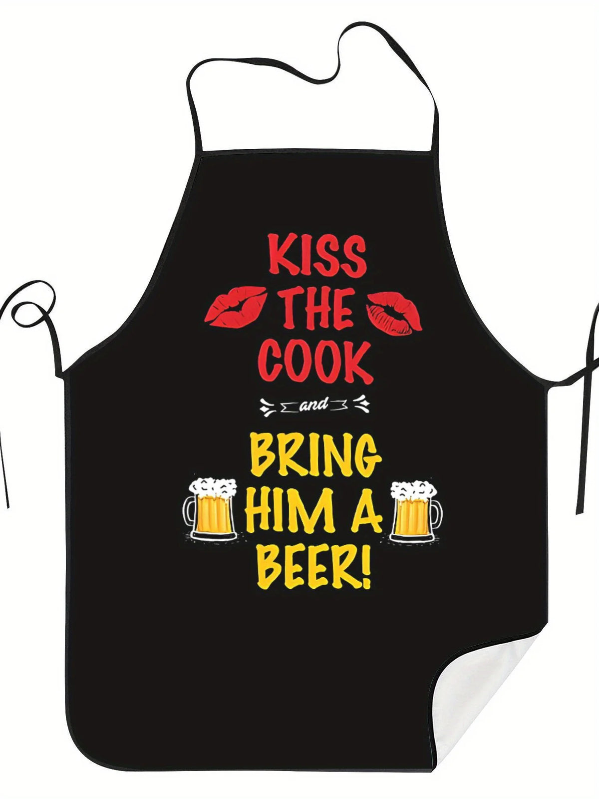 Black apron with red text that reads Kiss the cook and bring him a beer