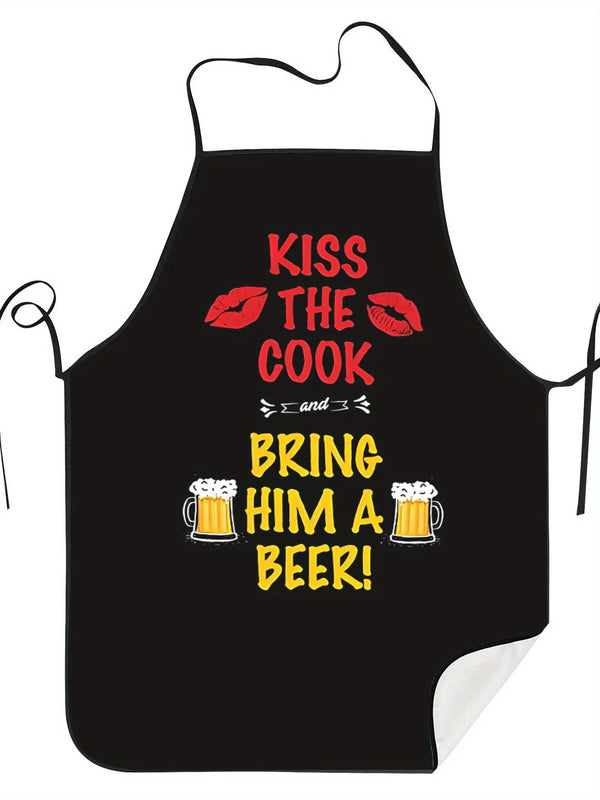 Black apron with red text that reads Kiss the cook and bring him a beer
