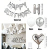 A set of 42 foil balloon letters, including birthday words and hearts, in rose gold color.
