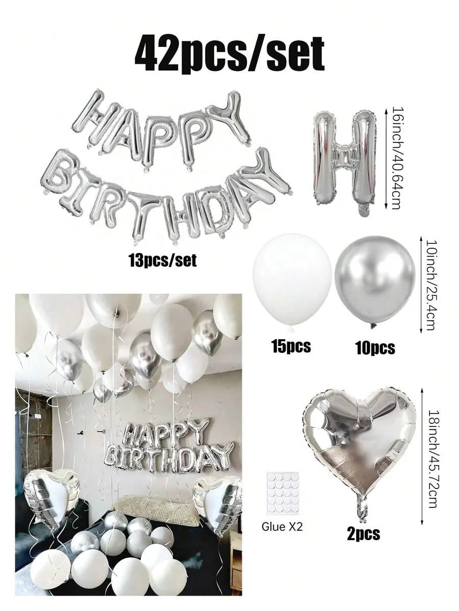 A set of 42 foil balloon letters, including birthday words and hearts, in rose gold color.