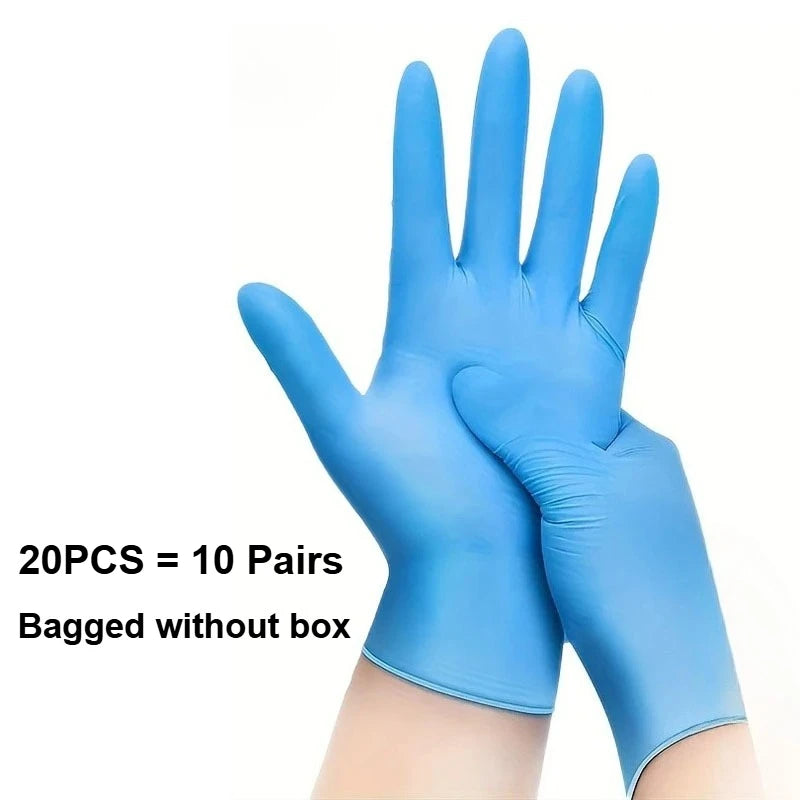 A hand wearing blue nitrile disposable safety gloves, packaged in a bag without a box.
