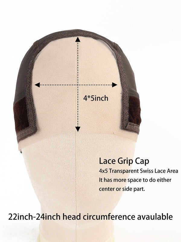 A beige wig cap with a brown velvet grip area showing the size measurement 4x5 inch.