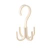 A white space-saving rotating closet organizer hook with a curved handle and three supporting arms.