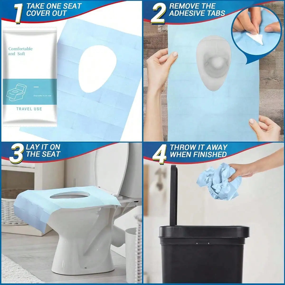 A four-step guide showing how to use disposable toilet seat liners for a comfortable and soft experience.