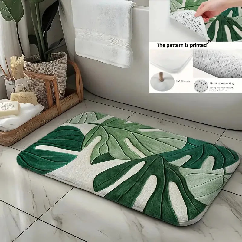 A green and white botanical leaf carpet mat placed on a tiled floor next to a bathroom sink.