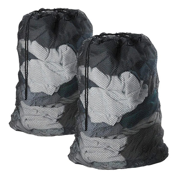A black drawstring laundry mesh bag filled with white clothing.