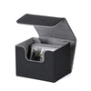 Black PU leather magnetic card deck box with an open lid displaying a card inside