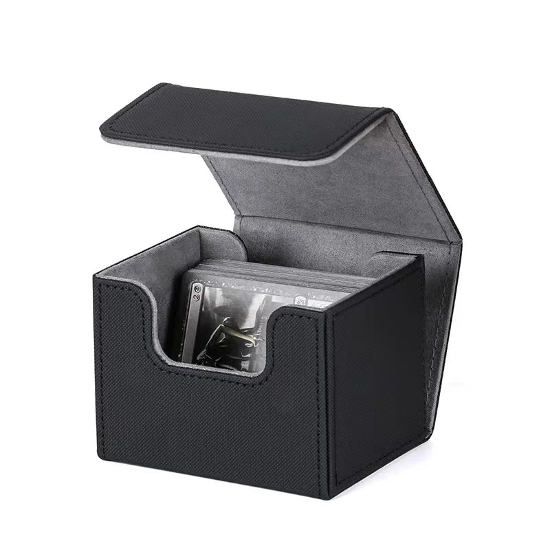 Black PU leather magnetic card deck box with an open lid displaying a card inside
