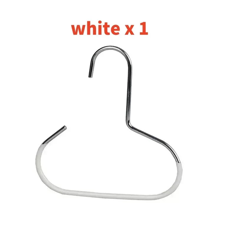 A single white metal hat hanger rack with a curved hook design.