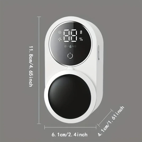 A white automatic rotating toothbrush dryer with a circular base and digital display.