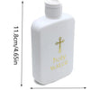 A white 100ml bottle of holy water with a white cap and a gold cross design.