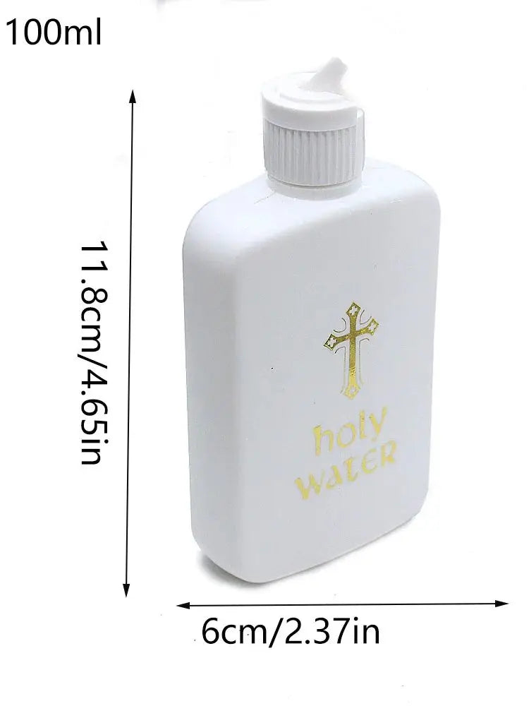 A white 100ml bottle of holy water with a white cap and a gold cross design.