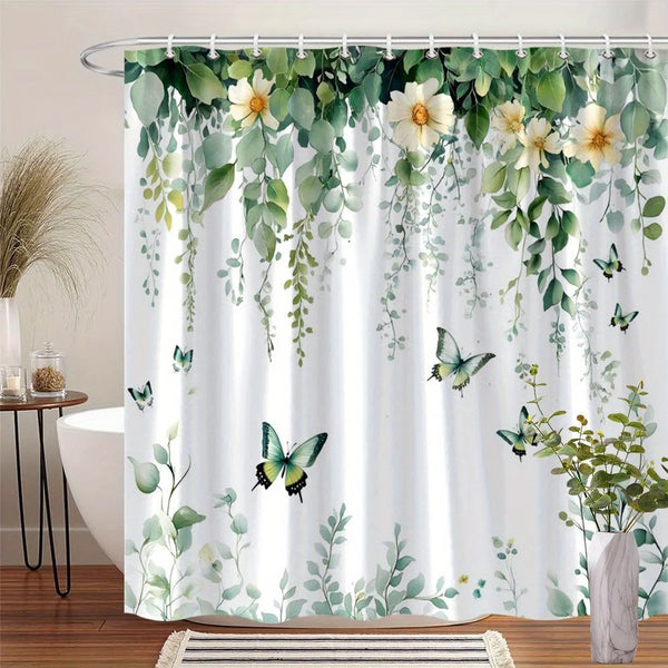 A white shower curtain featuring a tropical garden design with green leaves and butterflies