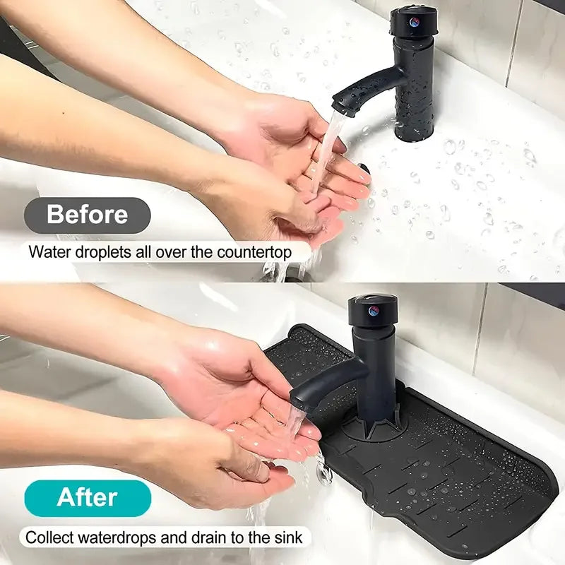 Hands demonstrate before and after using a silicone faucet splash guard mat to collect water droplets.