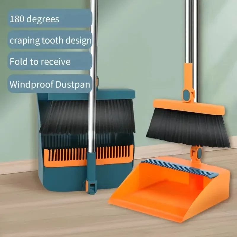 A broom and dustpan set with comb teeth for pet hair removal shown in teal and orange.