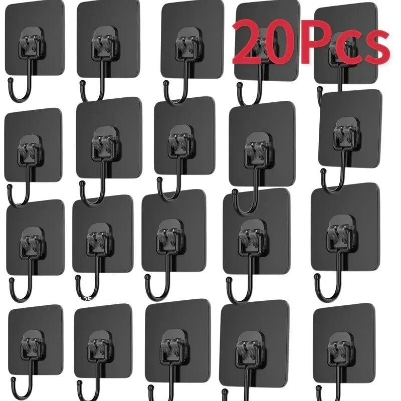 A set of 20 black self-adhesive rotating wall hooks with metal clasps.