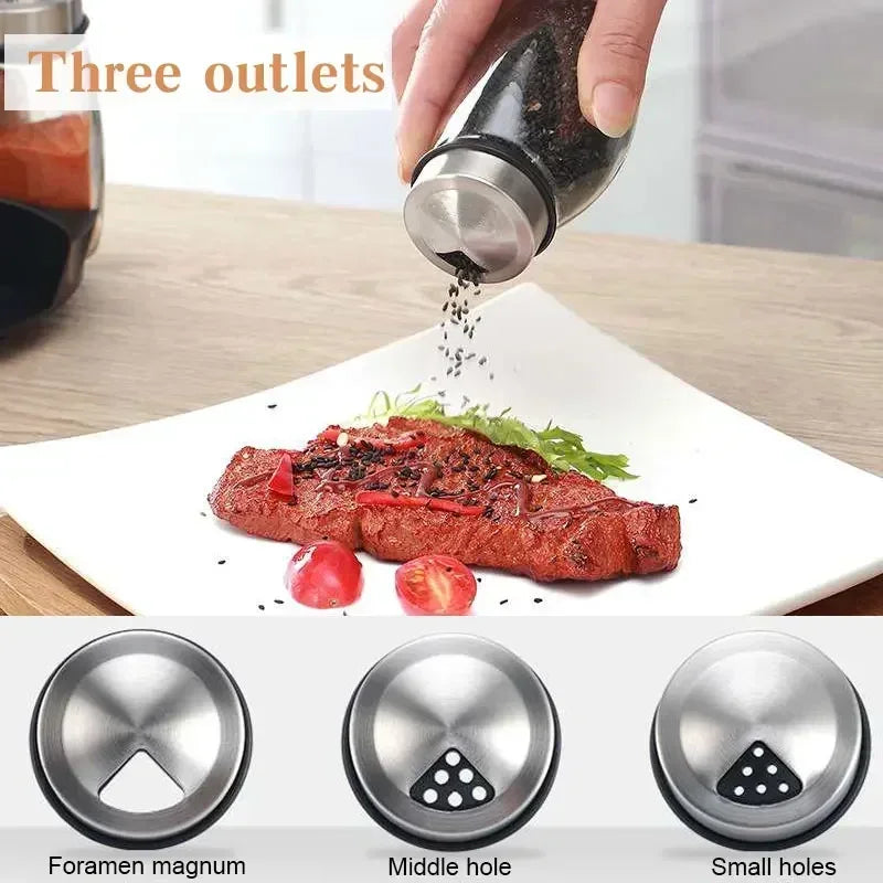A set of three rotating spice jar dispensers with Foramen magnum, middle hole, and small holes for seasoning.