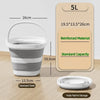 A white collapsible bucket with a lid is shown alongside its dimensions and storage method.