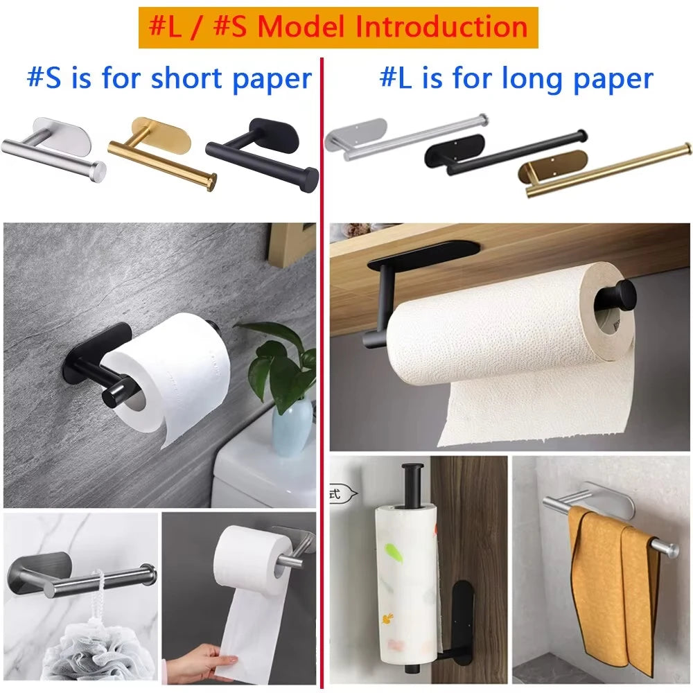 A set of stainless steel bathroom towel and paper racks for holding toiletries and paper towels.