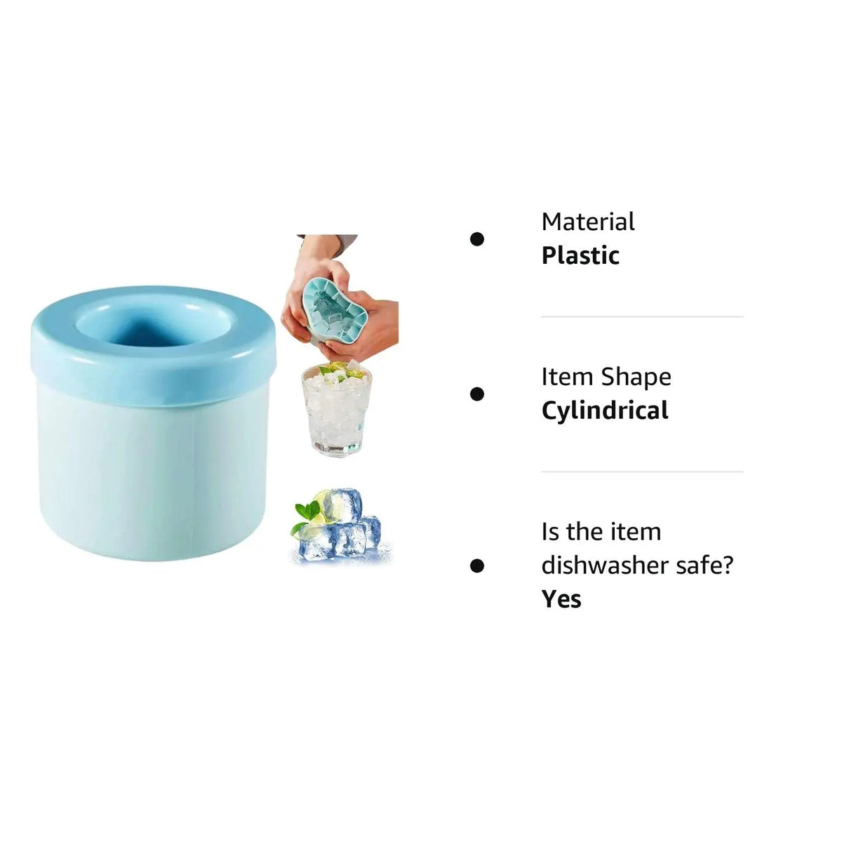 A light blue silicone ice cube mold set showing a cylindrical shape and confirming it is dishwasher safe.