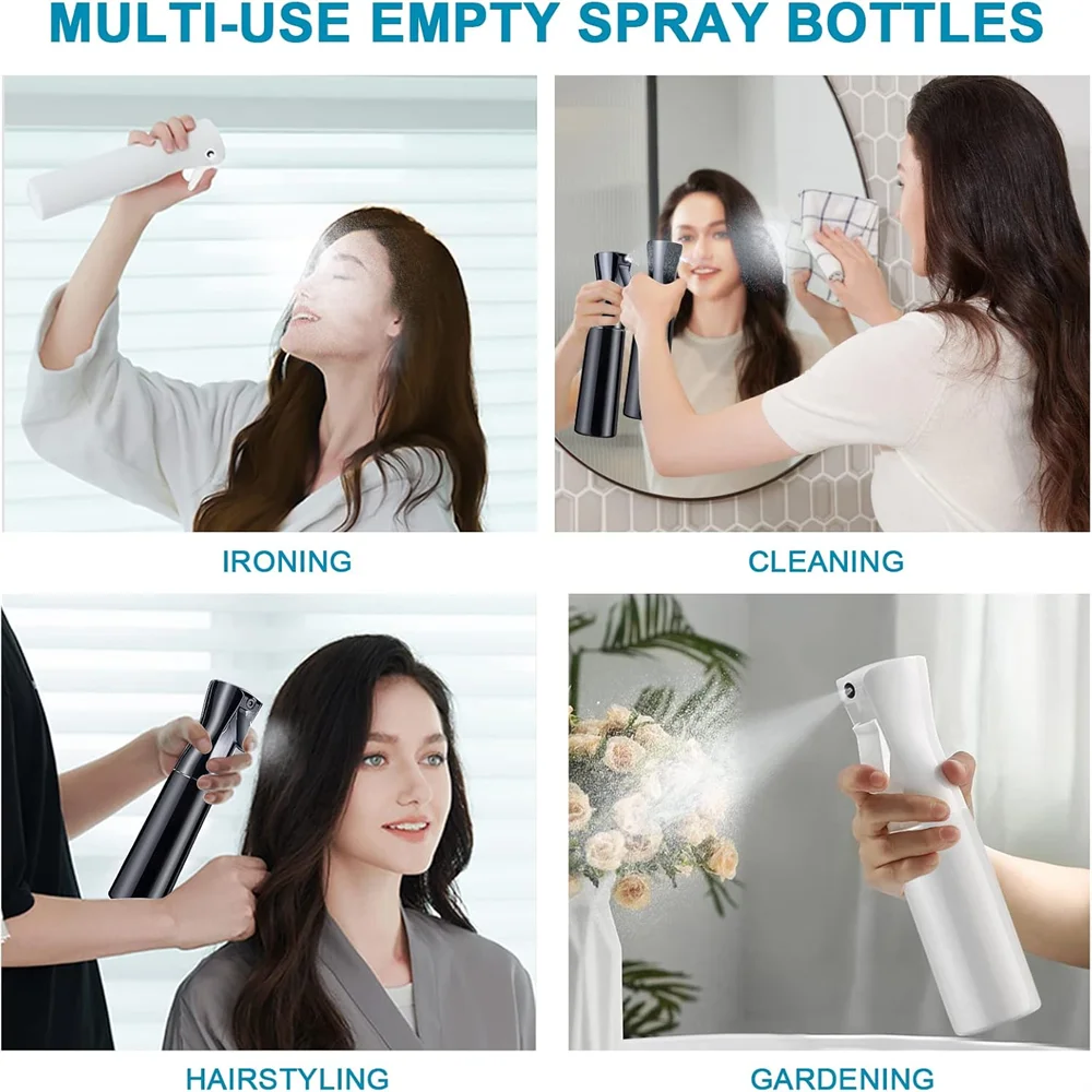 A collection of multi-use empty spray bottles demonstrating various uses including ironing, cleaning, hairstyling, and garden