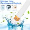 A white disposable toilet brush cleaning kit with a lengthened handle is shown cleaning water.