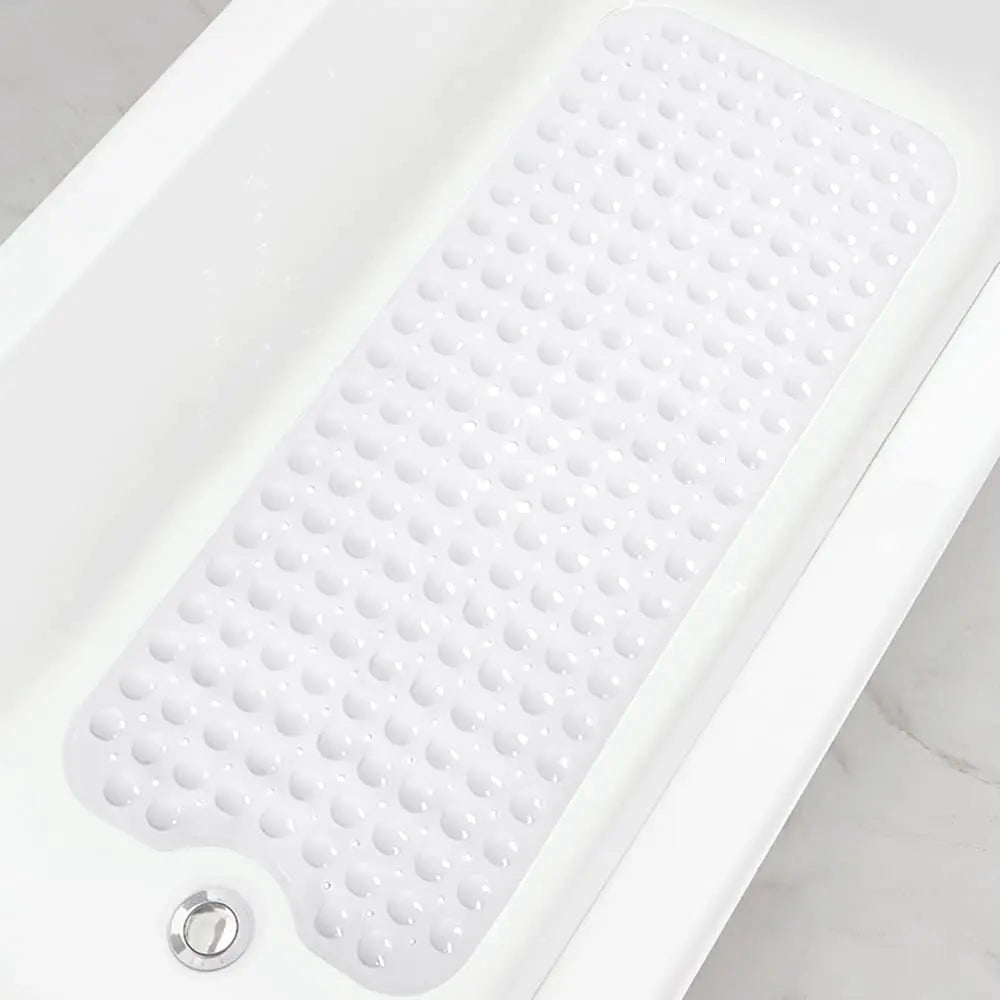 A white non-slip bathtub mat with numerous suction cups is shown in a close-up view.