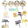A set of ten gold and black acrylic birthday cake toppers featuring various designs like love, happy birthday, and anniversar