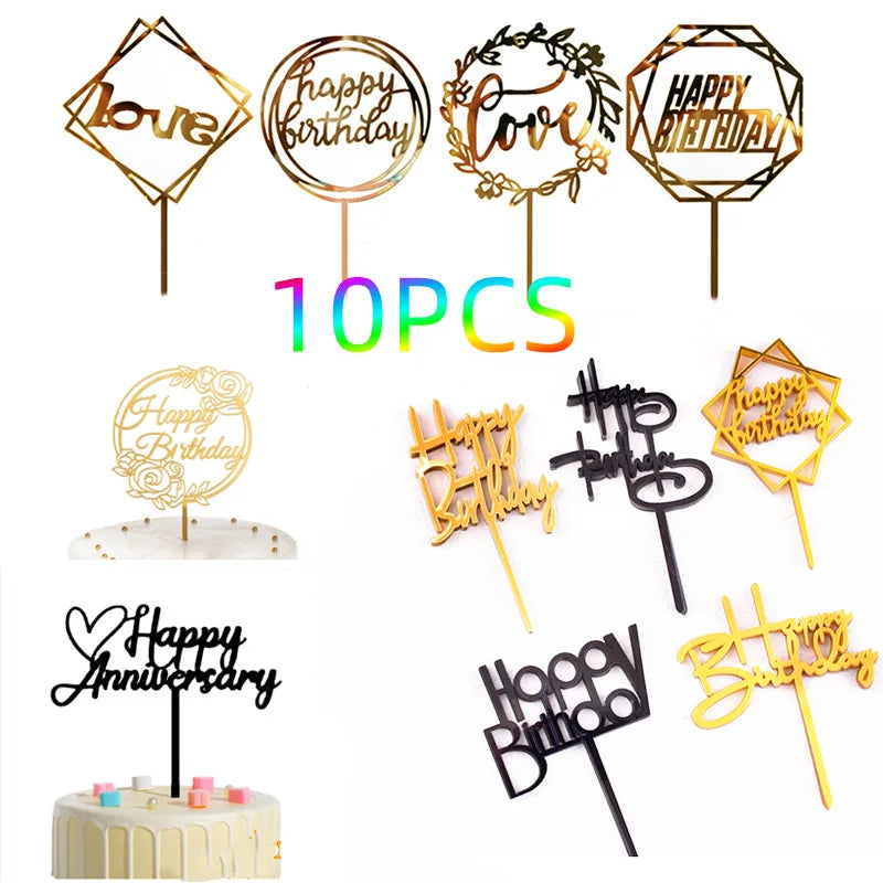 A set of ten gold and black acrylic birthday cake toppers featuring various designs like love, happy birthday, and anniversar