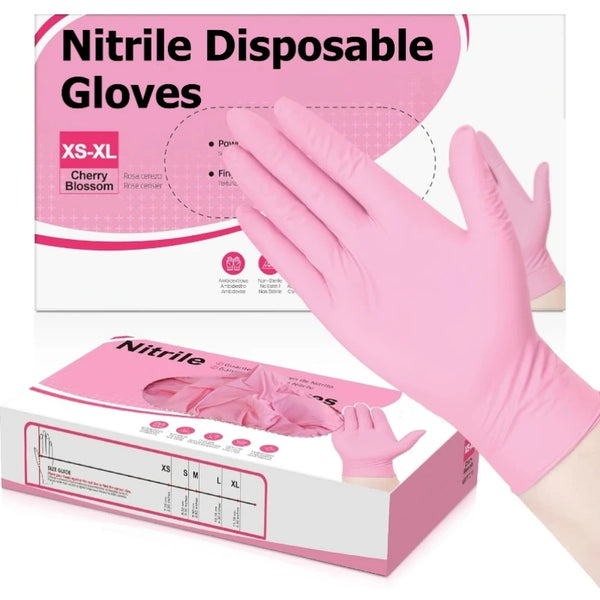A pink box and a hand wearing long pink nitrile disposable cleaning gloves are shown.