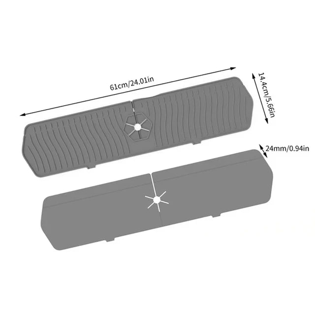 A gray silicone kitchen sink drain mat shown with dimensions 61cm/24.01in and 14.4cm/5.66in.
