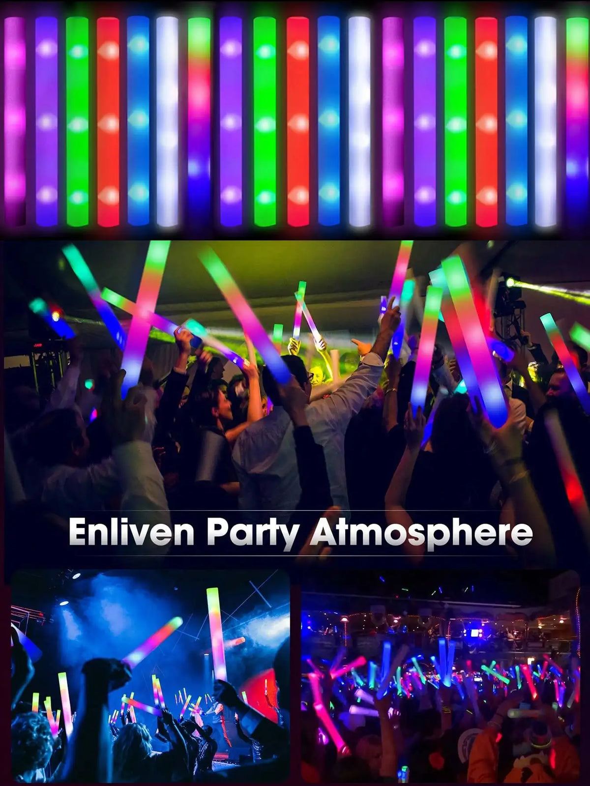 Vertikale Streifen mehrfarbiger LED-Glühstäbe beleuchten eine Menge auf einer Party.