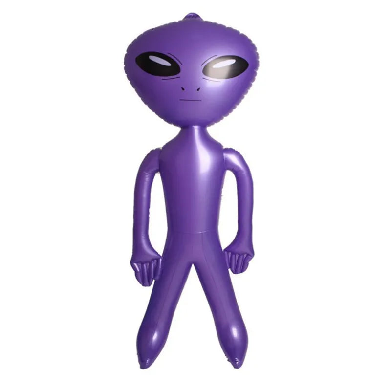 A purple inflatable alien decoration with large black eyes.
