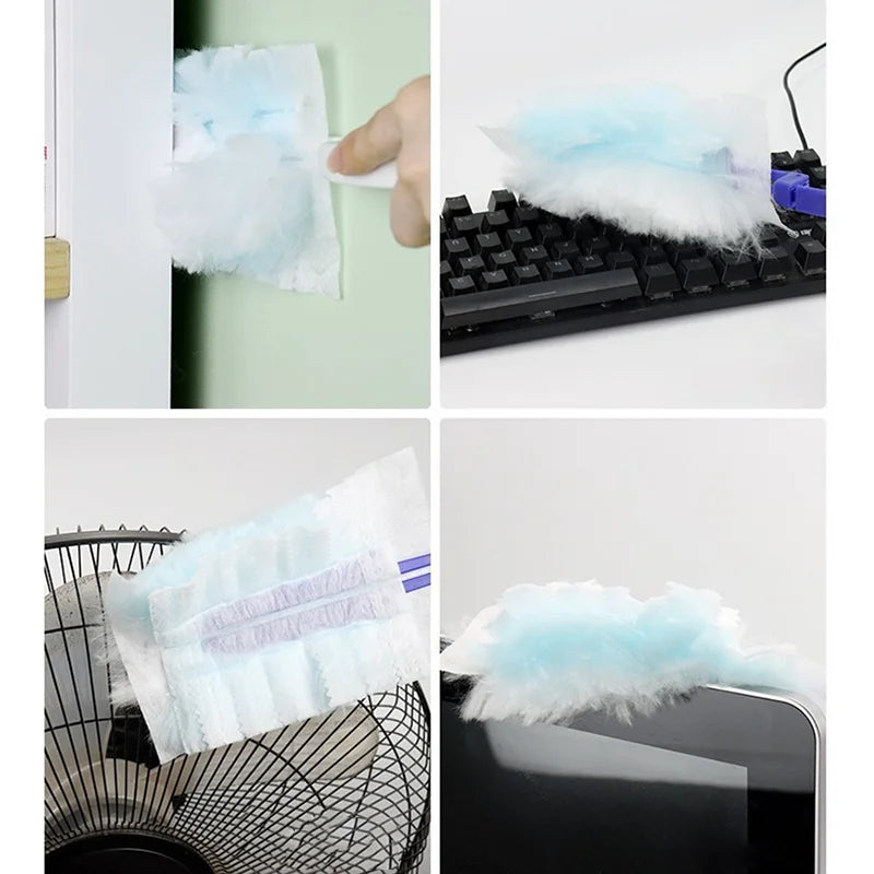 A reusable duster refill set showing a white and light blue fluffy cleaning pad being used on a keyboard and a mesh surface.