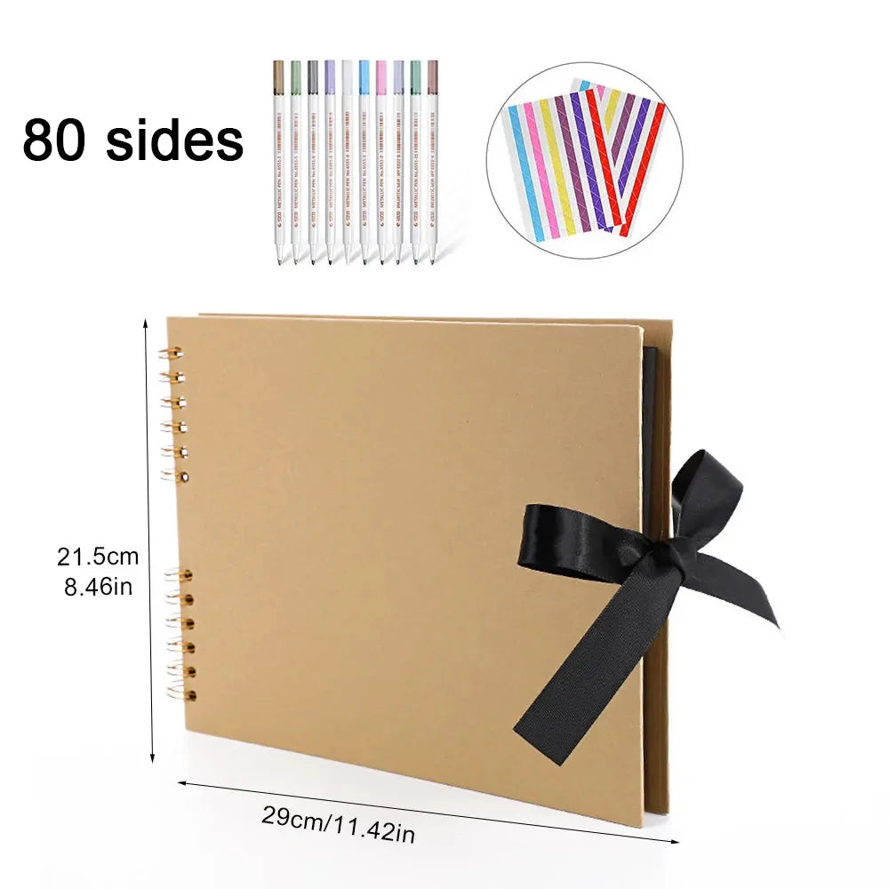 Braunes Kraft-Foto-Scrapbook-Album mit 80 Seiten und farbigen Bandern.